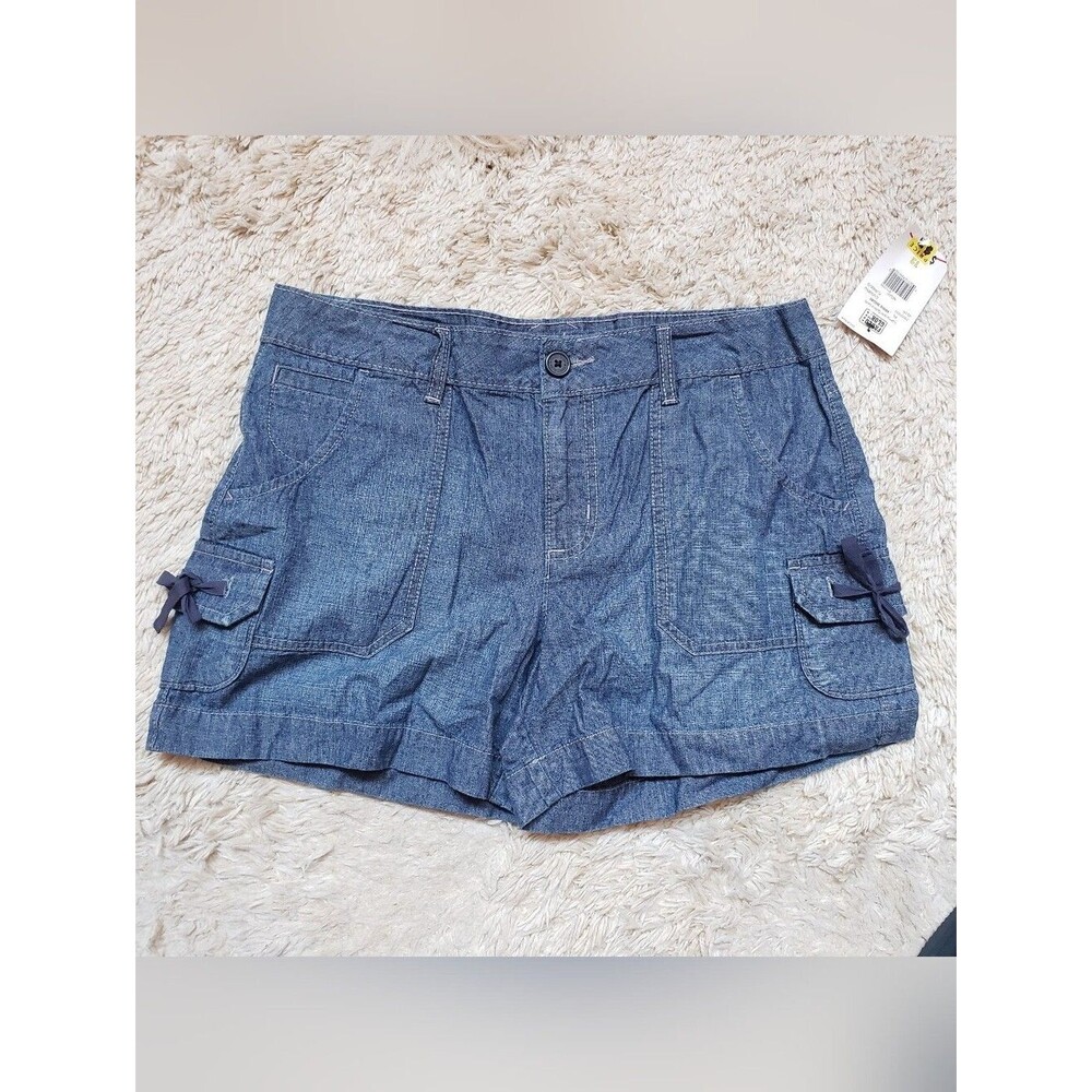 Y2K Vintage Streetwear Shorts Blue Jean Cotton Denim Cargo Bow Tie Patch Pockets